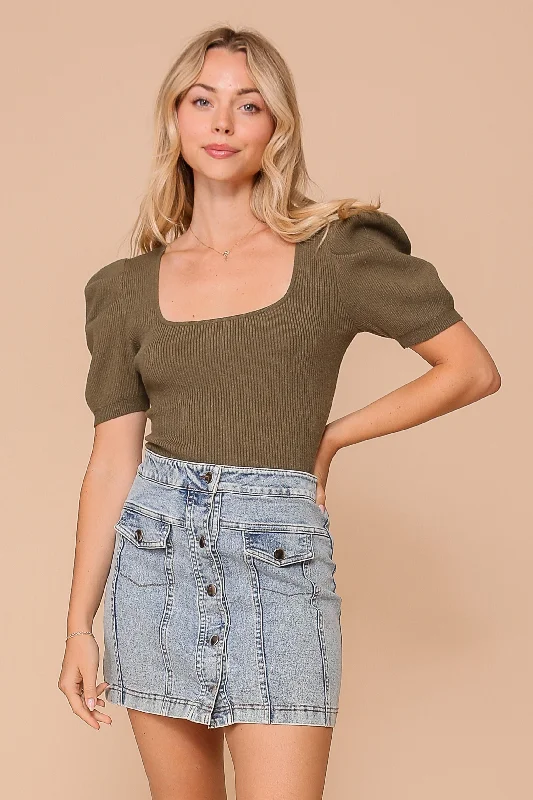 Festival Knit TopsOlive Puff Sleeve Sweater Ribbed Knit Top