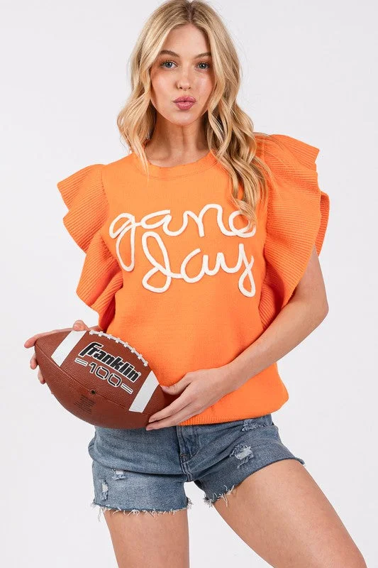 Leather-Paneled Knit TopsOrange/White Ruffle Sleeve Gameday Sweater Top