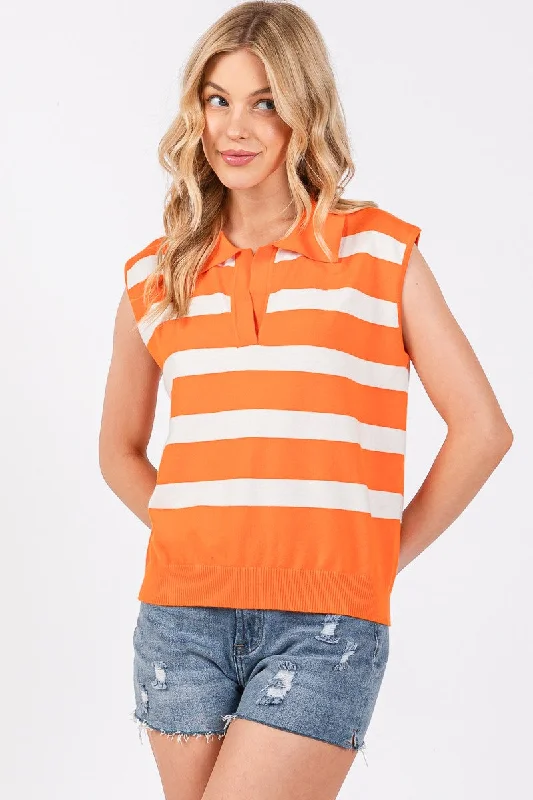 Scoop Neck Knit TopsOrange/White Striped Sleeveless Sweater Top