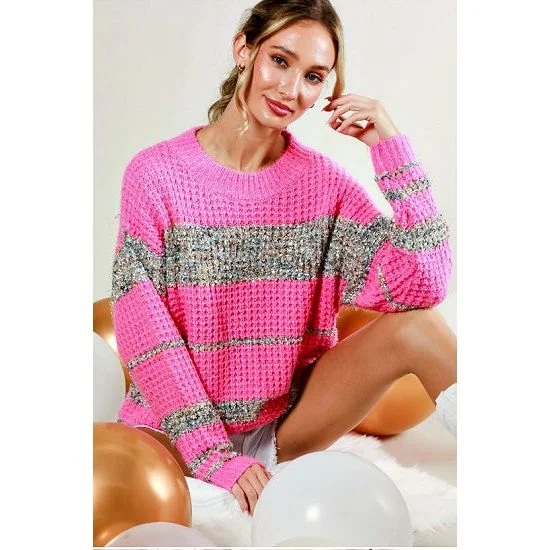 Striped Knit TopsPink Texture Sweater with Tweed Color Block