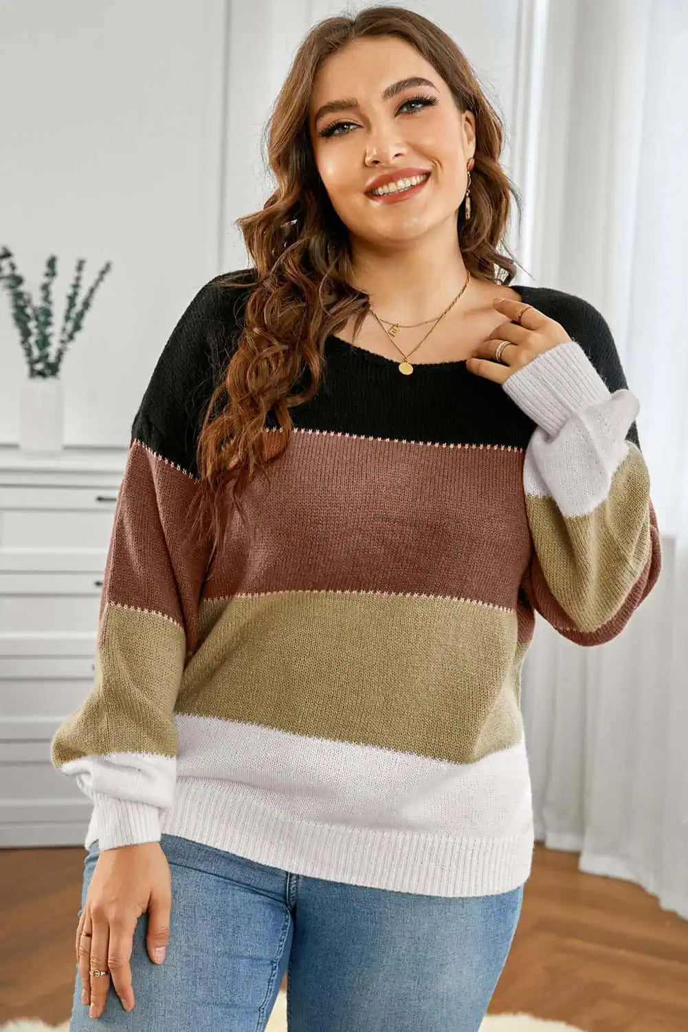 Wool Knit TopsPlus Size Color Block Round Neck Sweater