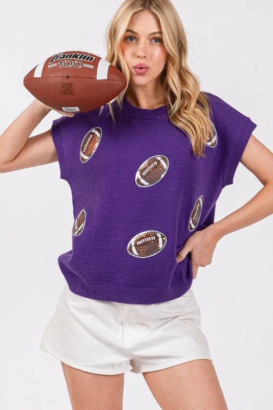 Fringed Knit TopsPurple Gameday Football Patch Sweater Top