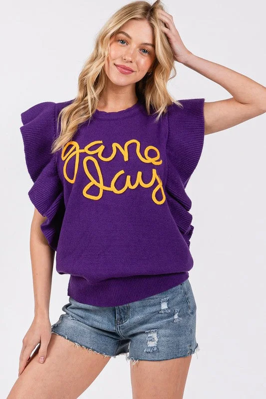 Metallic Knit TopsPurple/Yellow Ruffle Sleeve Gameday Sweater Top