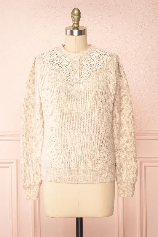 Designer Knit TopsReagan Beige | Buttoned Collar Sweater w/ Lace