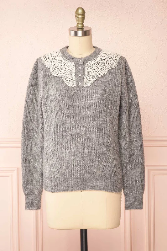 Luxury Knit TopsReagan Grey | Buttoned Collar Sweater w/ Lace