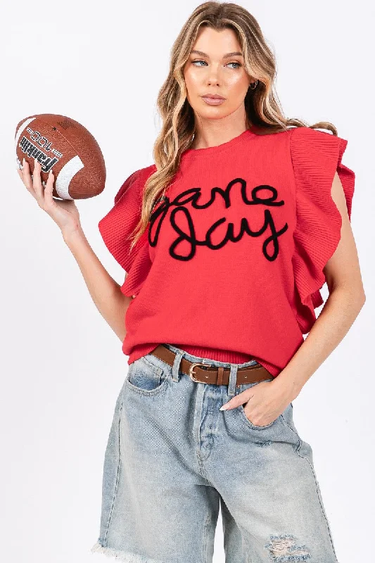 Glitter Knit TopsRed/Black Ruffle Sleeve Gameday Sweater Top