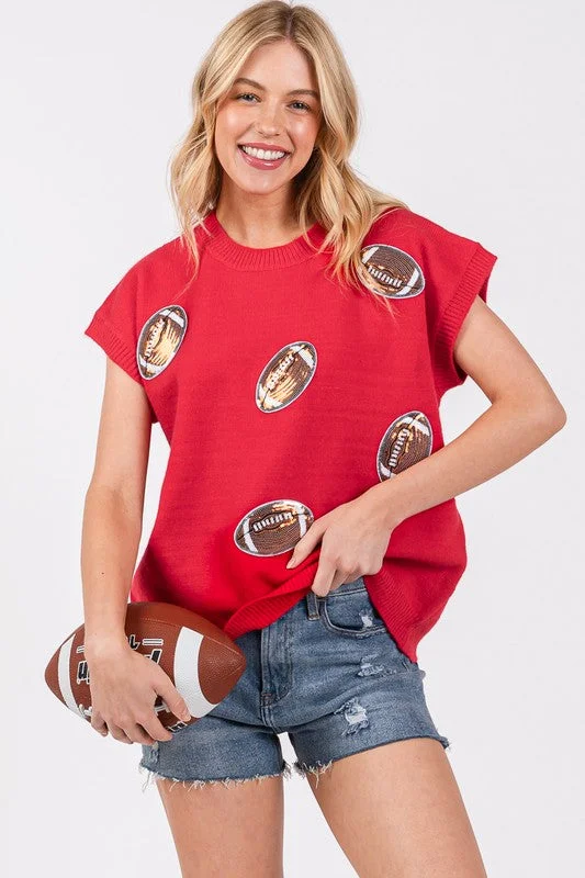 Beaded Knit TopsRed Gameday Football Patch Sweater Top