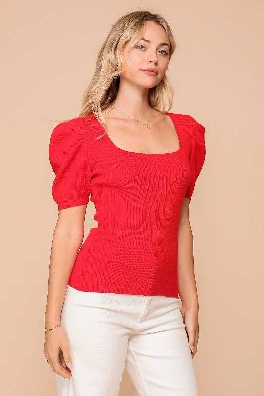 Limited Edition Knit TopsRed Puff Sleeve Sweater Ribbed Knit Top