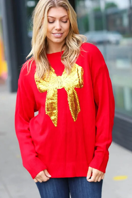 Lace-Up Knit TopsHaptics All I Want Red Sequin Bow Embroidery Knit Sweater