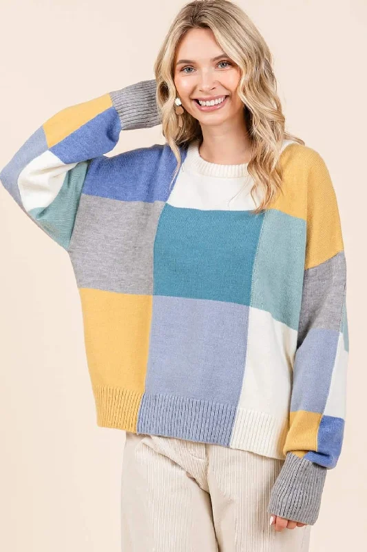 Angora Knit TopsRound Neck Color Block Sweater