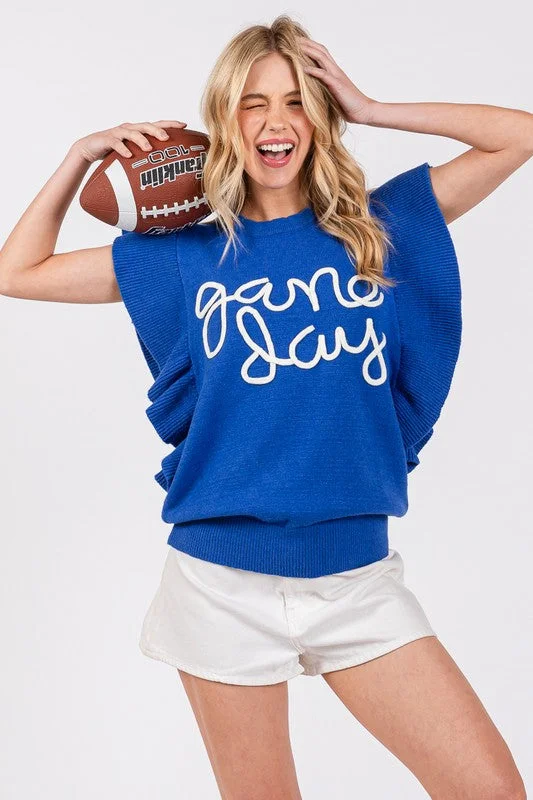 Painted Knit TopsRoyal/White Ruffle Sleeve Gameday Sweater Top