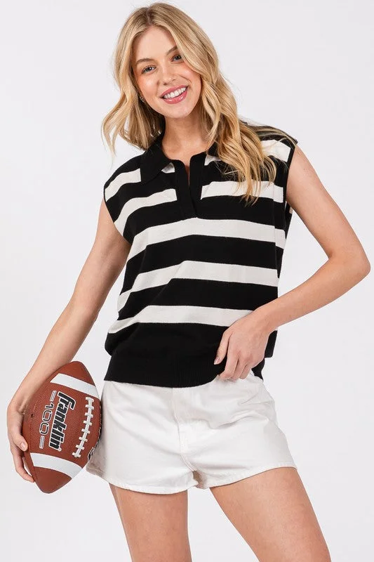 Cropped Knit TopsBlack/White Striped Sleeveless Sweater Top