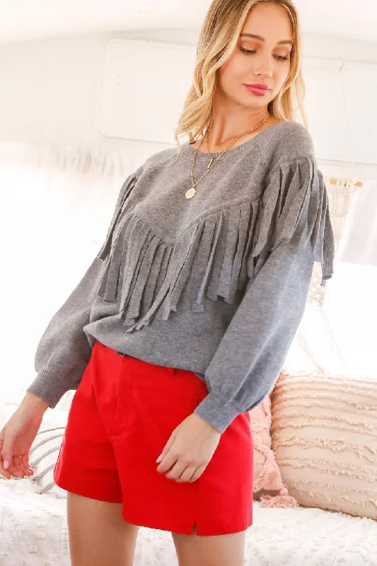 Embellished Knit TopsGrey Tassale Detail Sweater Knit Top