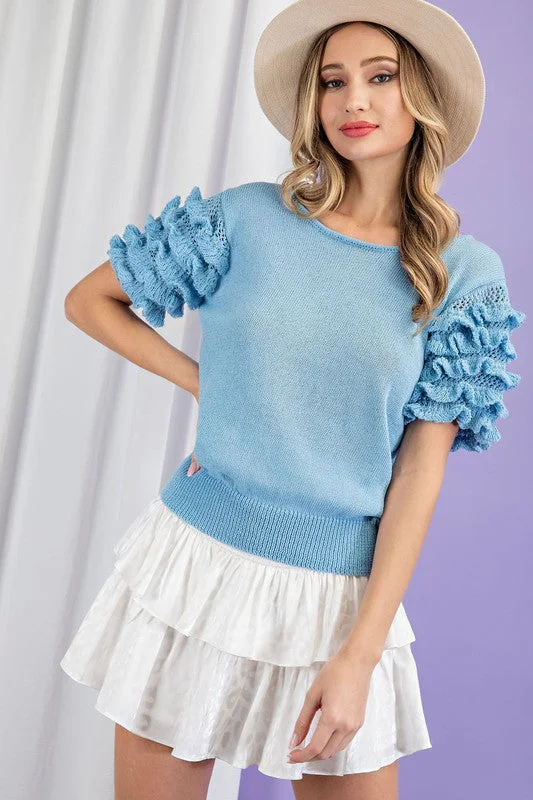 Work Knit TopsLight Blue Tiered Ruffle Sweater Top