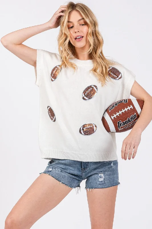 Sequined Knit TopsWhite Gameday Football Patch Sweater Top