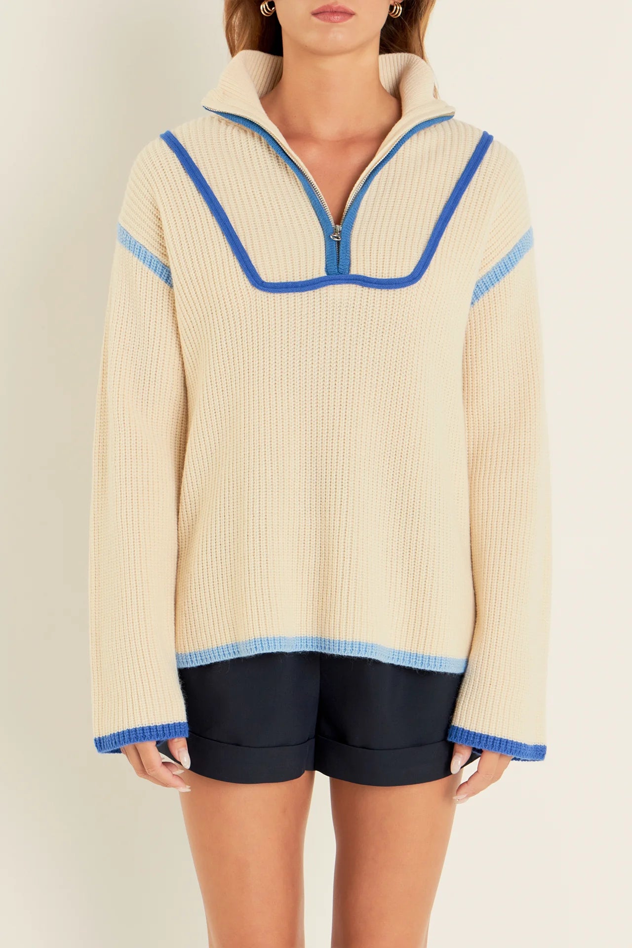 Plush Knit TopsContrast Piping Quarter-Zip Sweater (Blue Multi)