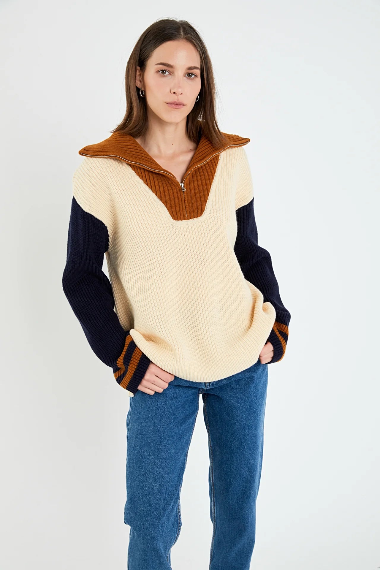 Metallic Knit TopsStripe Knitted Half Zip up Sweater (Beige Multi)