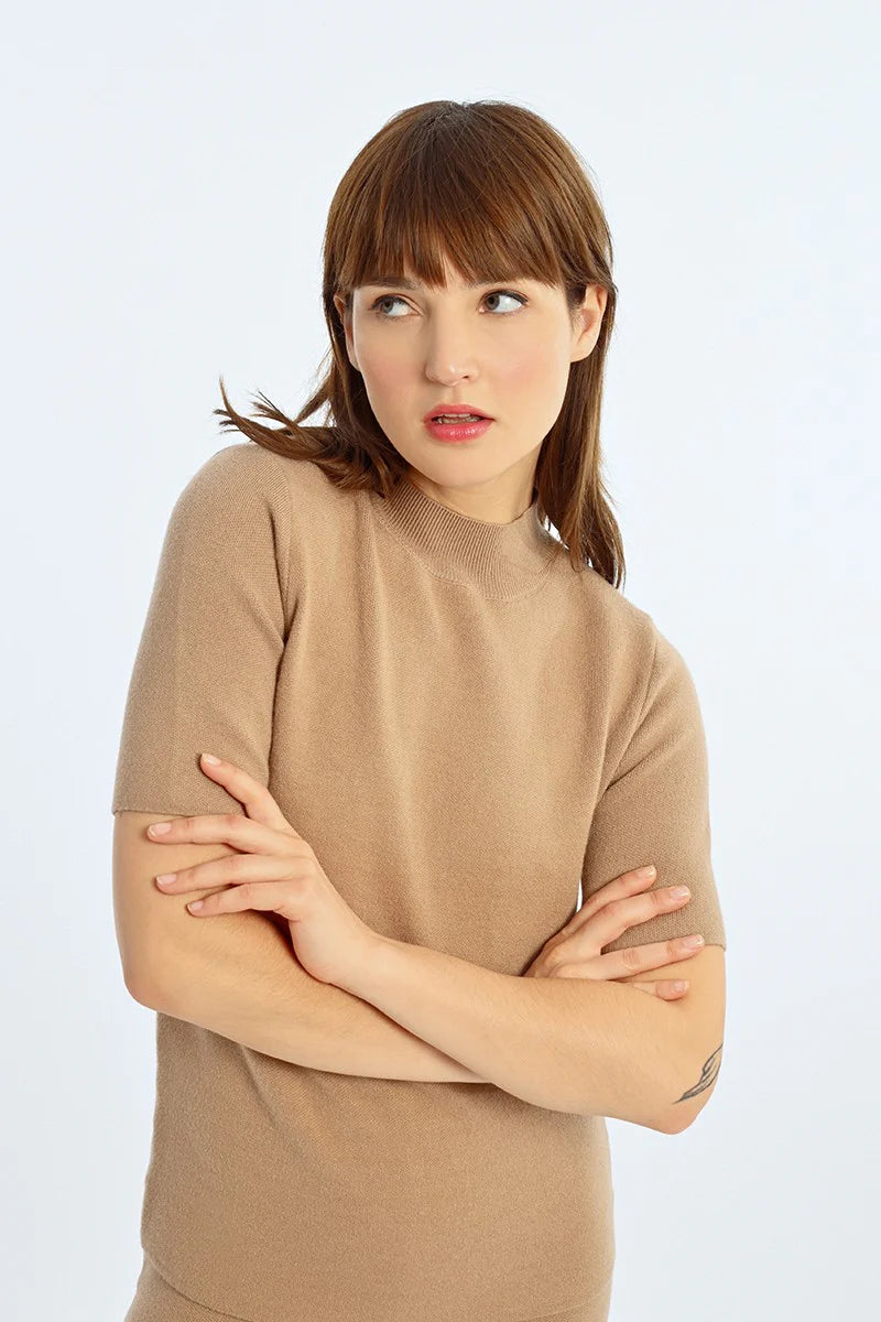 Yoga Knit TopsHigh Neck Sweater (Beige)