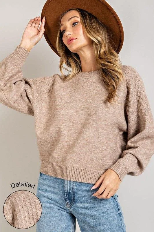 Wool Knit TopsRound Neck Cable Knit Shoulder Sweater in Oatmeal