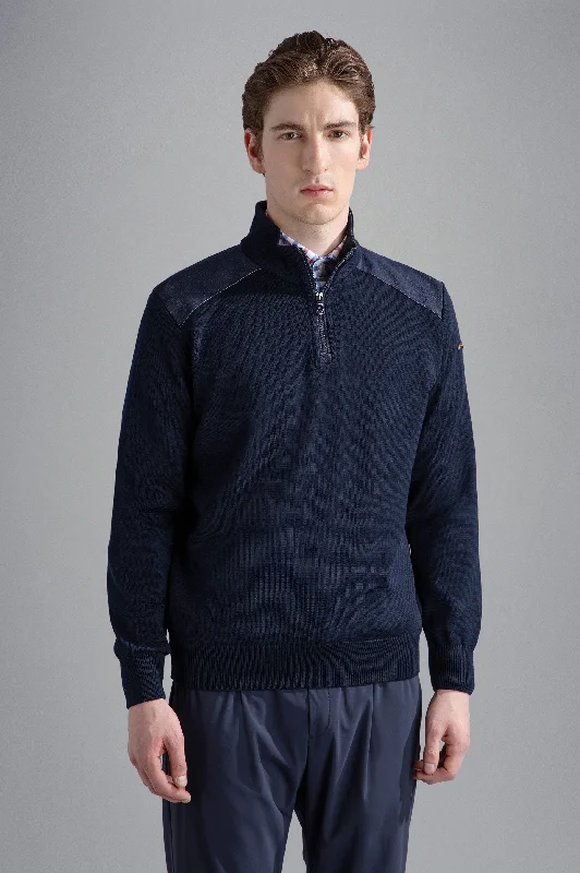 Cropped Knit TopsCool Touch Wool Quarter Zip with Denim Detail