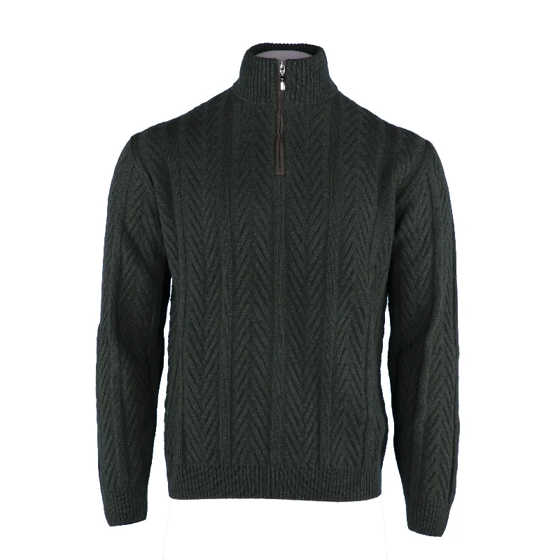 Fitted Knit TopsHerringbone Half Zip Wool/Cashmere in Olive