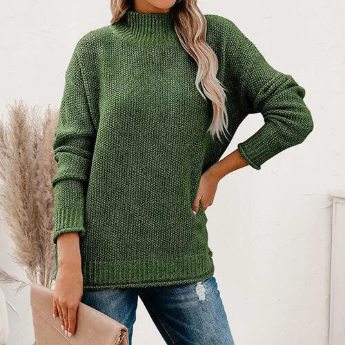 Mock Neck Dropped Shoulder Long Sleeve Sweater