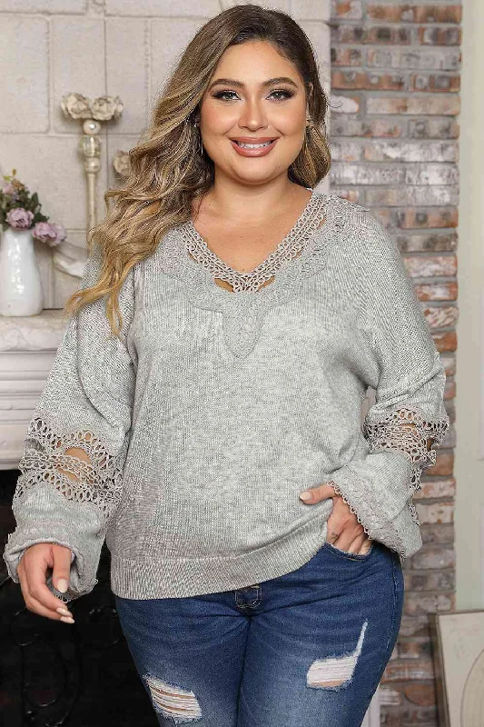 Plus Size Crochet Dropped Shoulder Long Sleeve Sweater