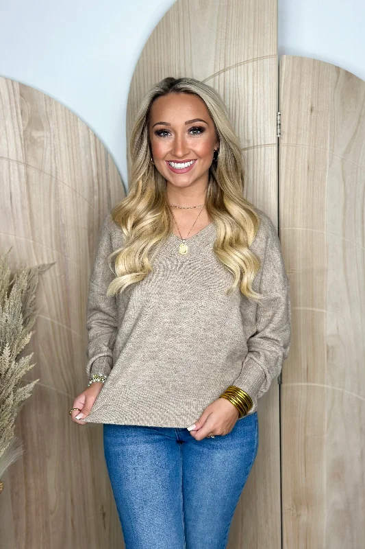 Light Taupe V-Neck Long Sleeve Sweater