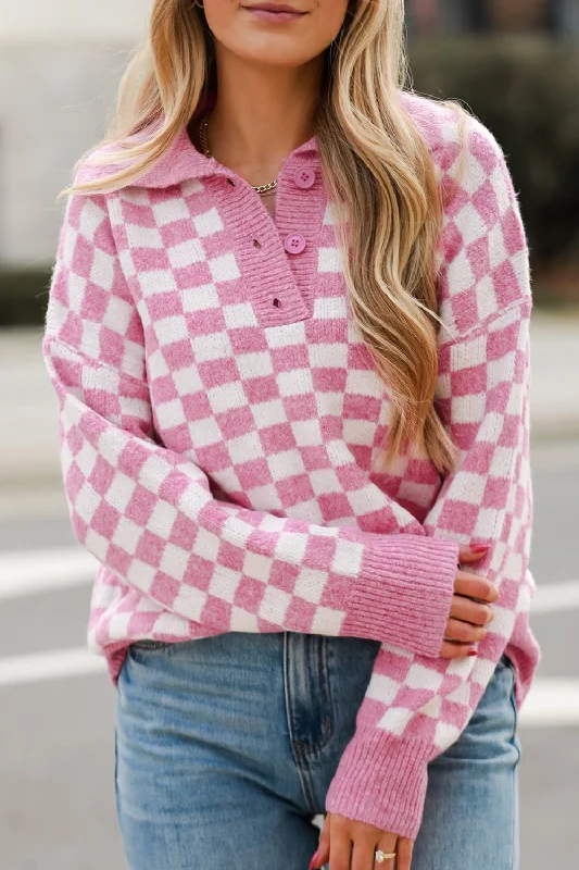 Checkered Collared Neck Long Sleeve Sweater