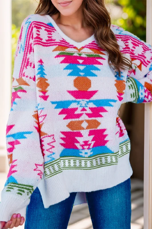 Geometric V-Neck Long Sleeve Sweater