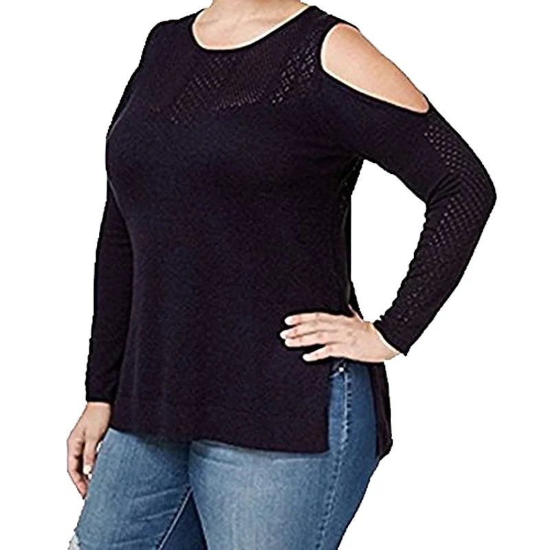 Jessica Simpson Black Long Sleeve Cold Shoulder Crochet Sweater Plus Size