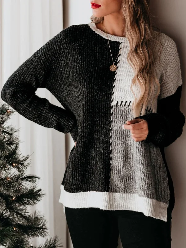 MeiMei Color Block Round Neck Long Sleeve Sweater