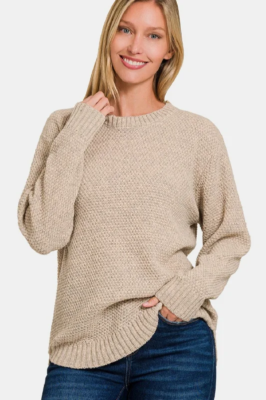 Round Neck Long Sleeve Curved Hem Sweater