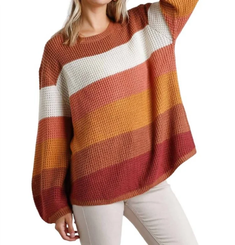 Striped Long Sleeve Knit Sweater In Orange