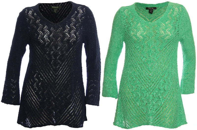 Style & Co Long Sleeve V-Neck Open Weave Pointelle Sweater