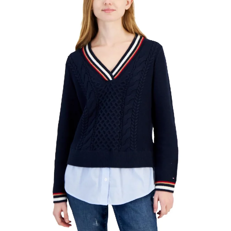 Tommy Hilfiger Womens Striped Trim Long Sleeve V-Neck Sweater