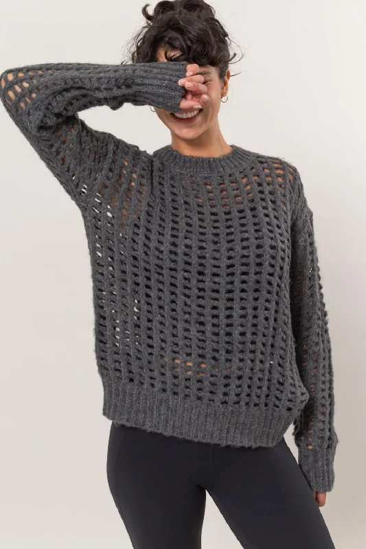 Charcoal Openwork Round Neck Long Sleeve Knit Cover Up